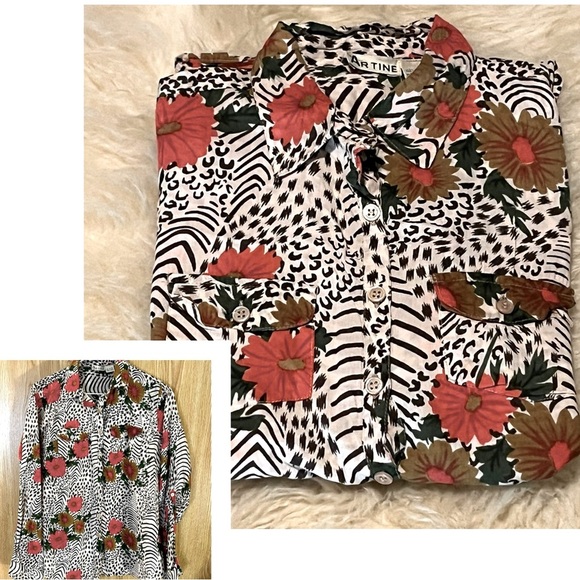 Artine Tops - Button Down Brown Leopard Floral Print Cotton Shirt Blouse